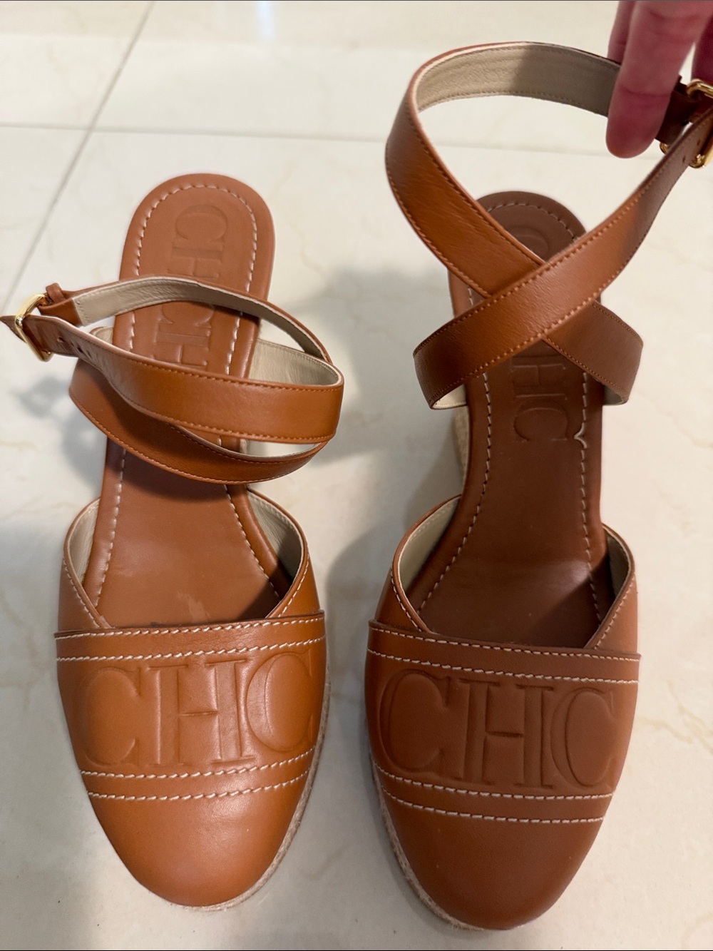 Carolina Herrera Cognac Leather Espadrille Sandals with Ankle Straps - Picture 2 of 4